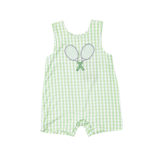 Sleeveless Tennis Shortie Romper - Mini Gingham Green with Tennis Racket Appliqué