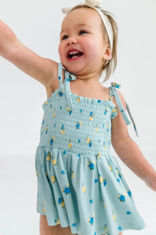 Floral and Gingham Smocked Bubble Romper IMJ x Karissa Abbott Collection