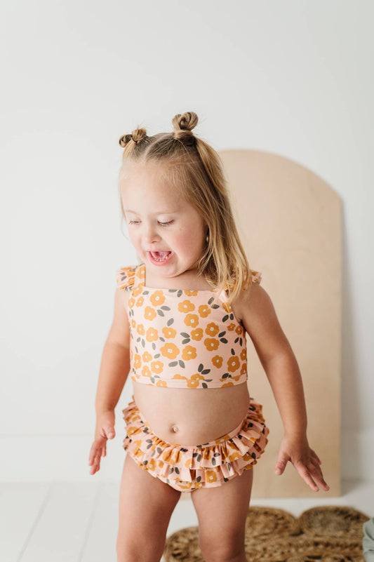 Girl's Two-Piece Ruffle Swim Set in Gold Floral