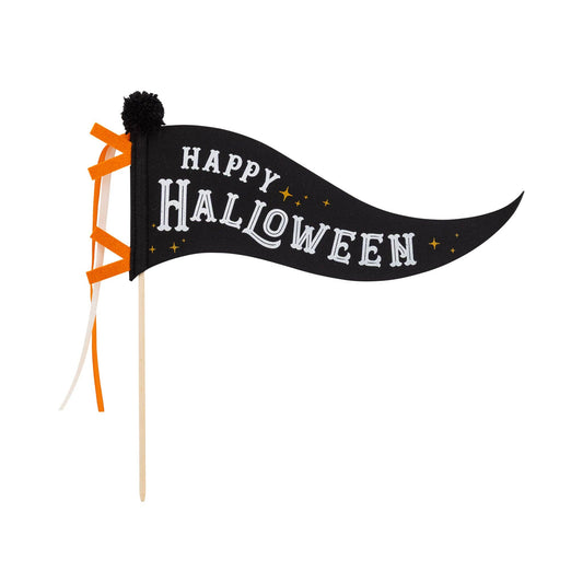 Black Happy Halloween felt pennant on a wooden dowel with orange ribbon ties