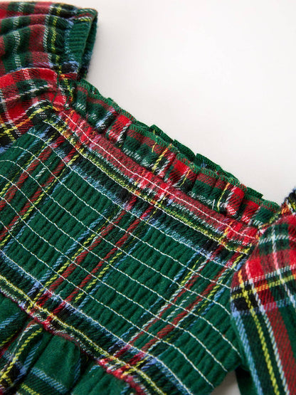 Christmas Plaid Smocked Bubble Romper with Ruffle Detail