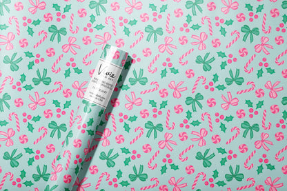 Christmas Candy Canes and Bows Pink Mint Wrapping Paper Roll