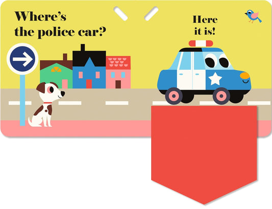 Inside spread of Where's the Fire Truck? stroller book with a Where's the police car? page and a red felt flap
