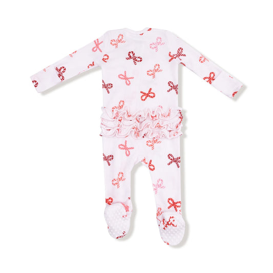Candy Cane Bows - 2 Way Zipper Ruffle Back Footie