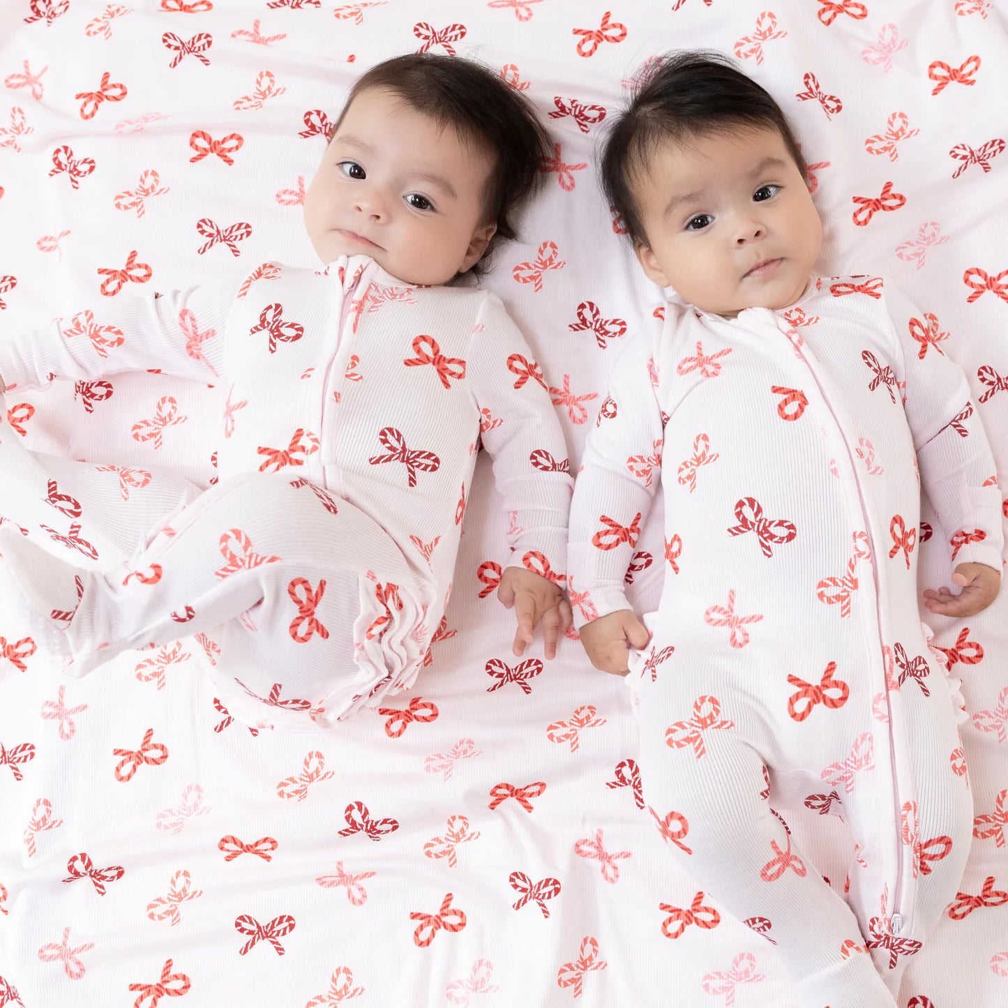 Candy Cane Bows - 2 Way Zipper Ruffle Back Footie