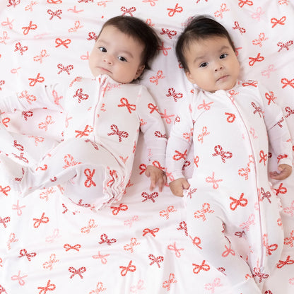 Candy Cane Bows - 2 Way Zipper Ruffle Back Footie