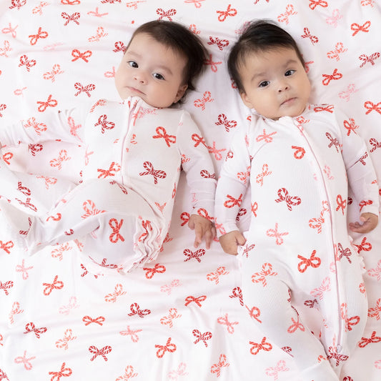 Candy Cane Bows - 2 Way Zipper Ruffle Back Footie