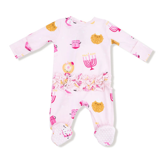 Hanukkah - Pink - 2 Way Zipper Ruffle Back Footie