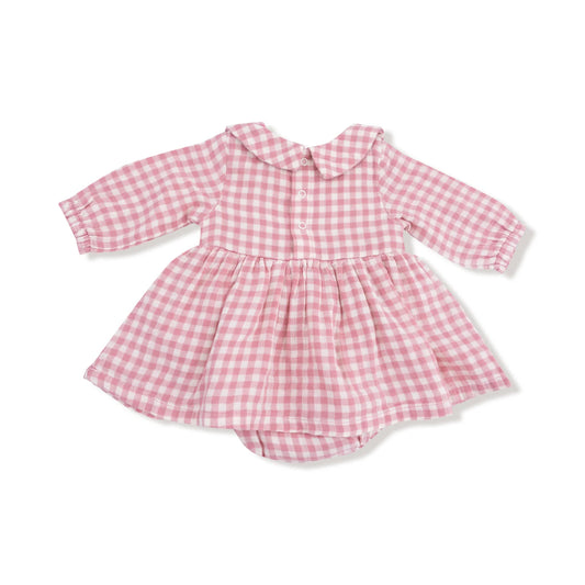 Rose Pink Plaid - Peter Pan Collar Bubble with Skirt