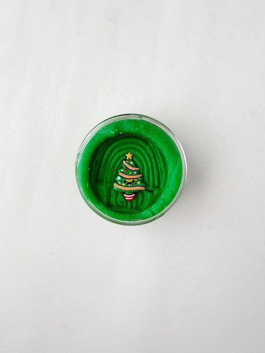 Oh Christmas Tree KidDough in a 4 ounce tub, green dough with a tree shape pressed on top
