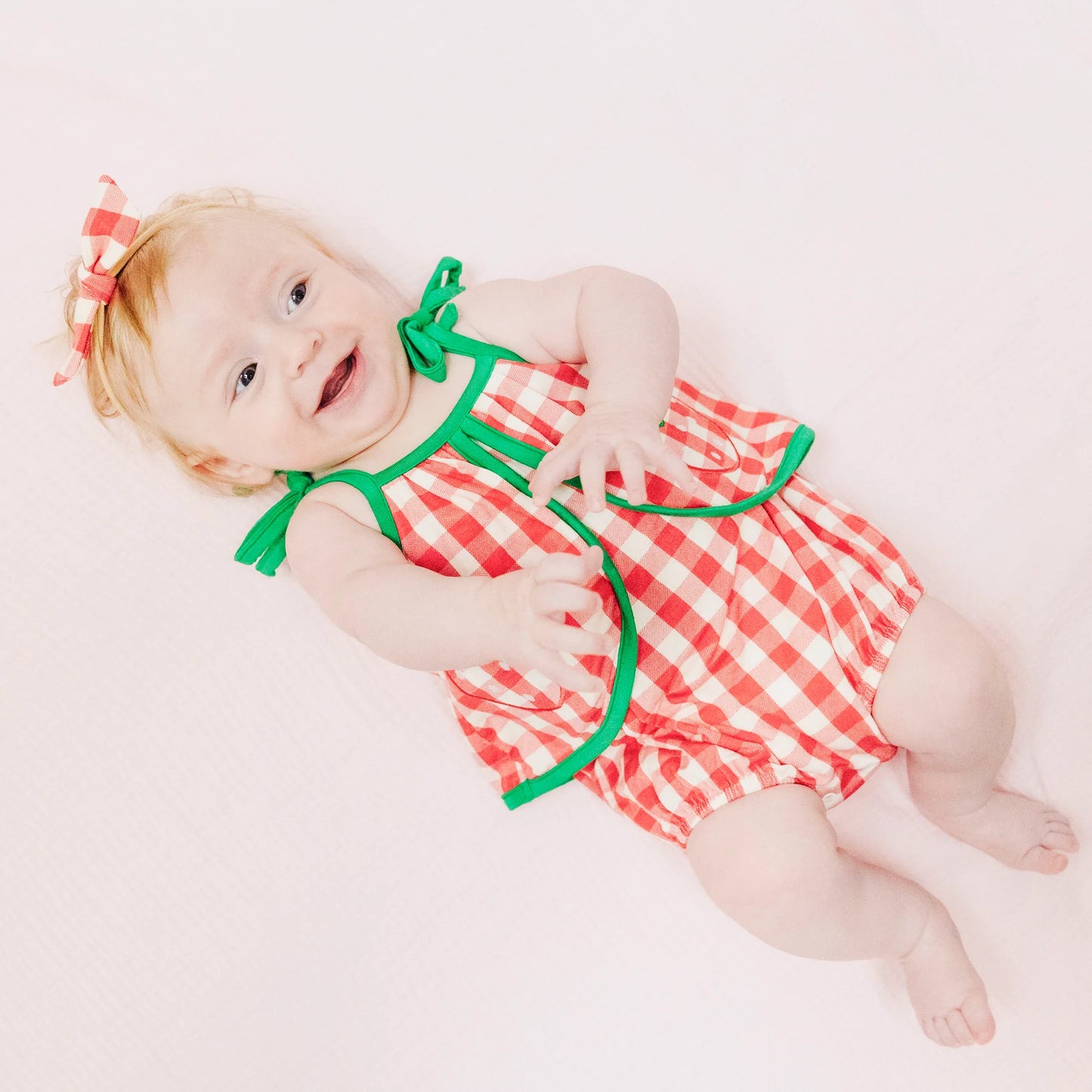 Strawberry Gingham, Swing Front Sunsuit with Appliqué