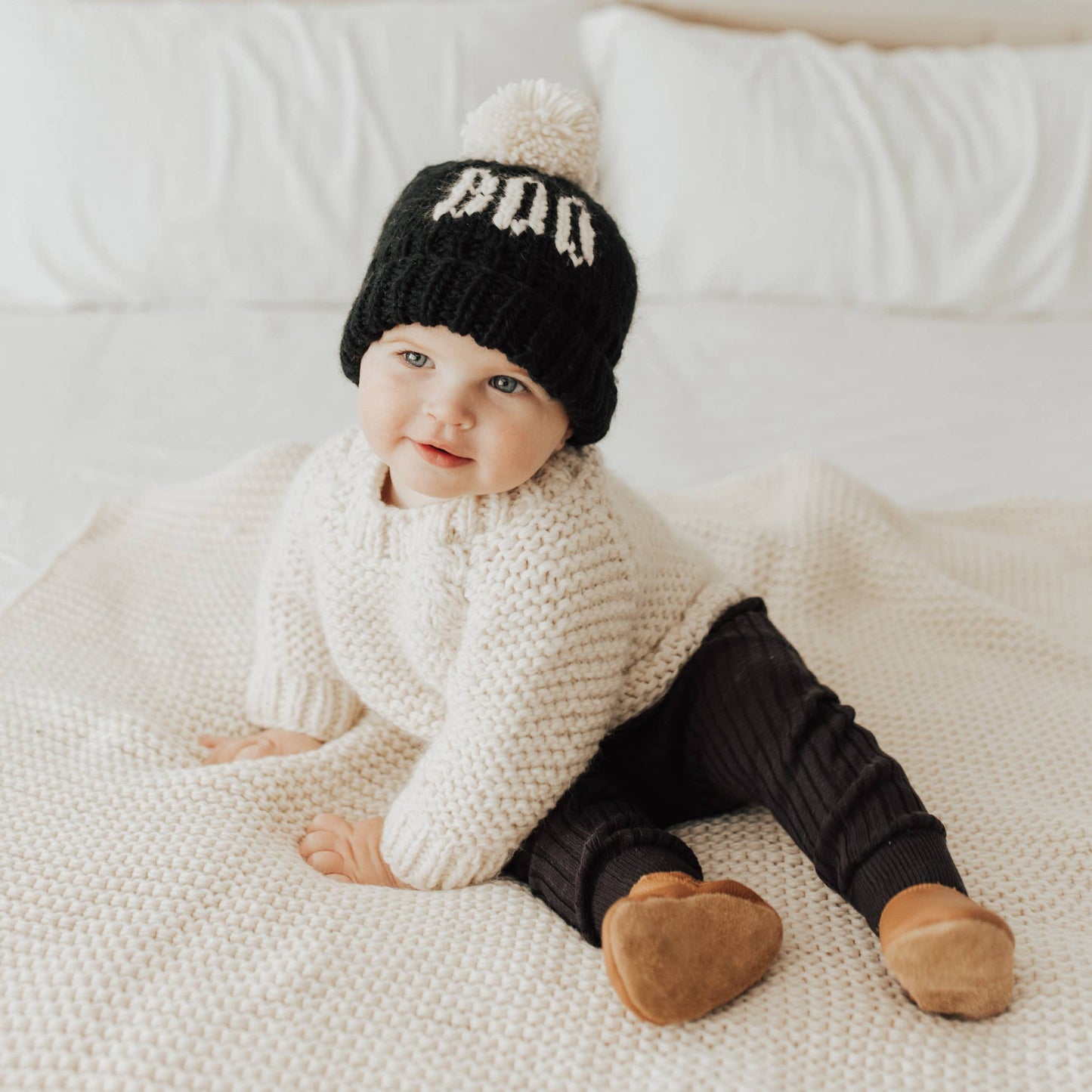 BOO Black Hand Knit Halloween Beanie Hat  Baby to Big Kid