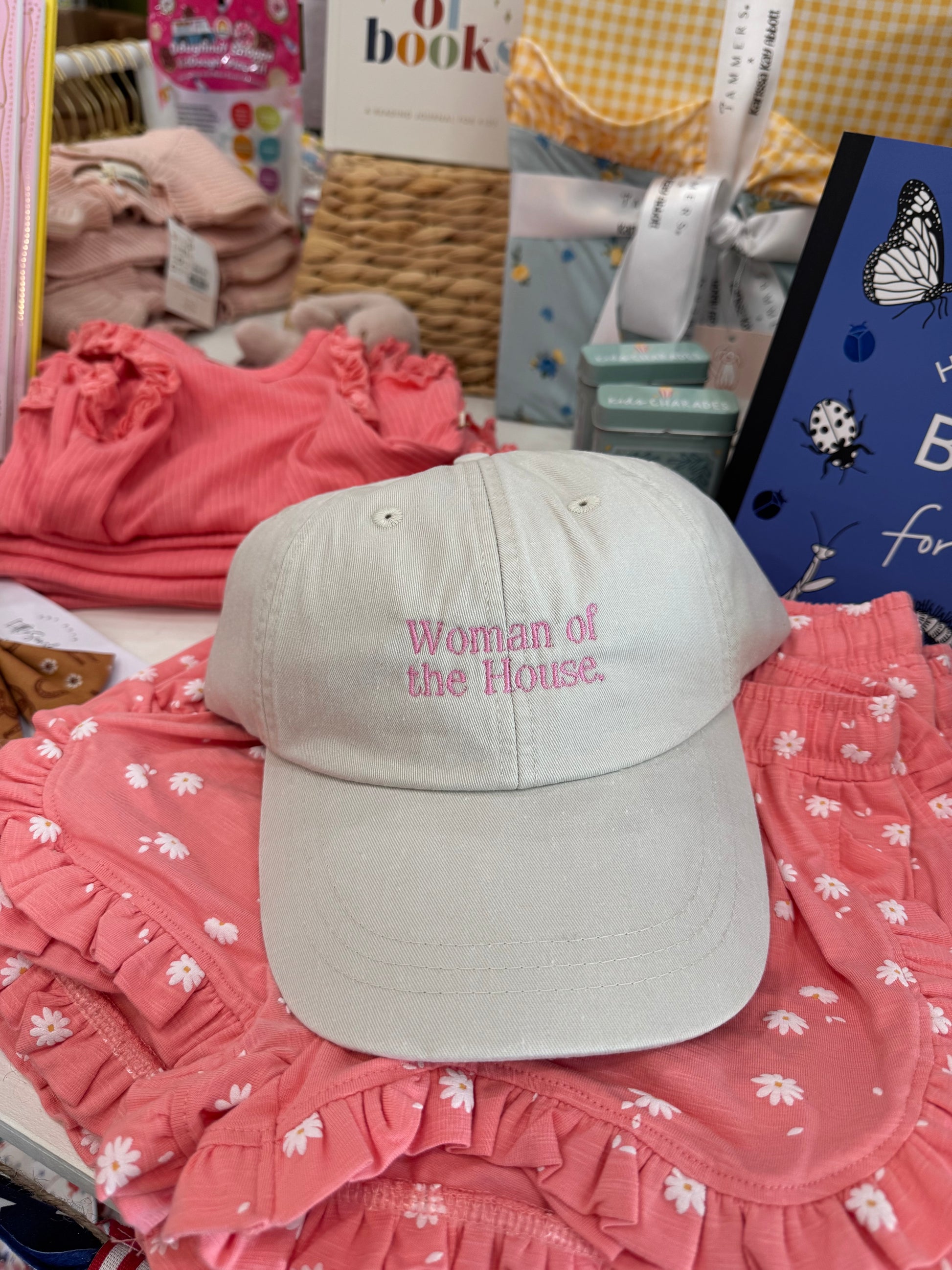 Woman of the House embroidered ivory and pink baseball hat for moms
