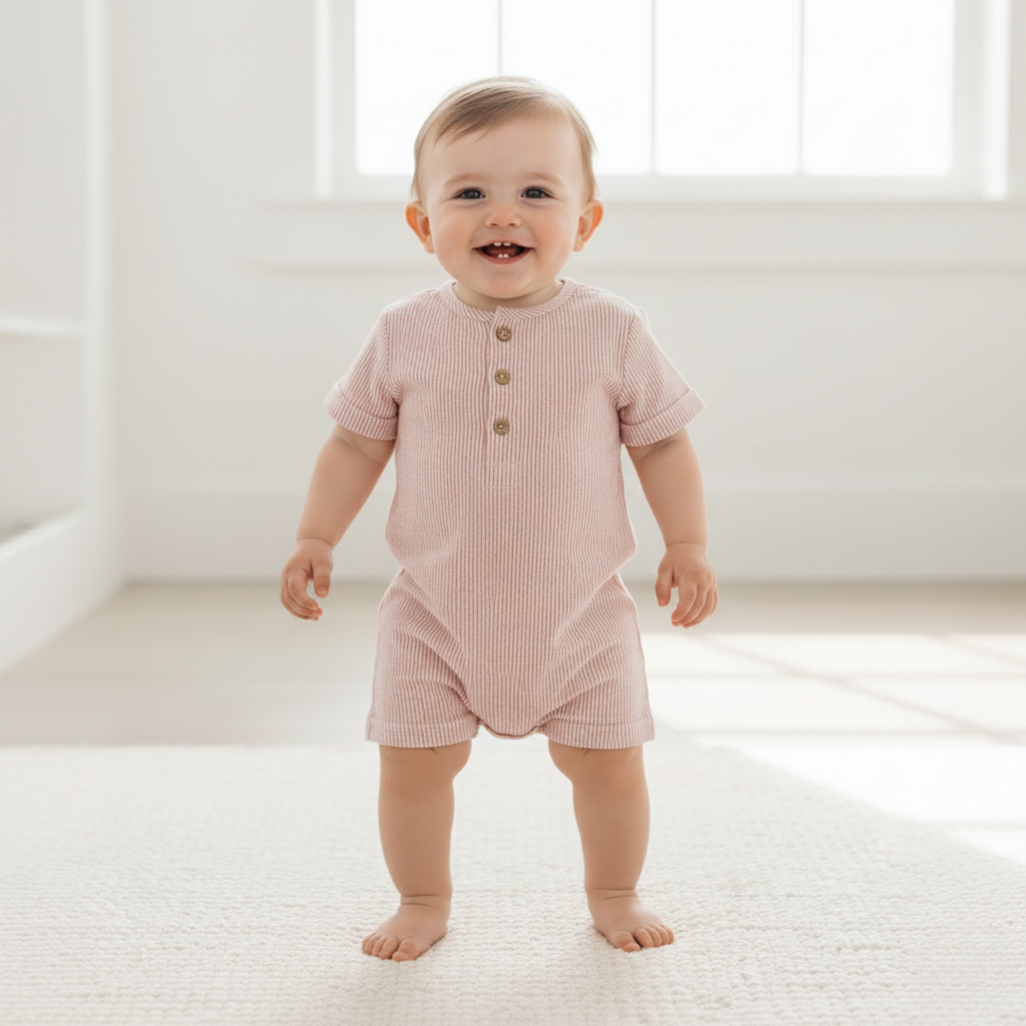 Organic Short Bubble Romper - Coral Stripes - view 3
