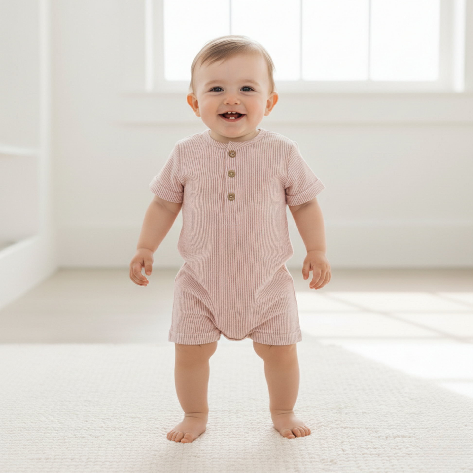 Organic Short Bubble Romper - Coral Stripes - view 3