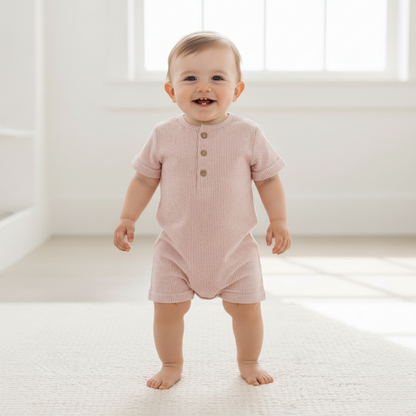 Organic Short Bubble Romper - Coral Stripes - view 3