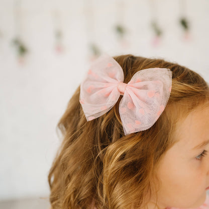 Flocked Heart Valentine's Day Tulle Bow Clip - Kids Hair Bow
