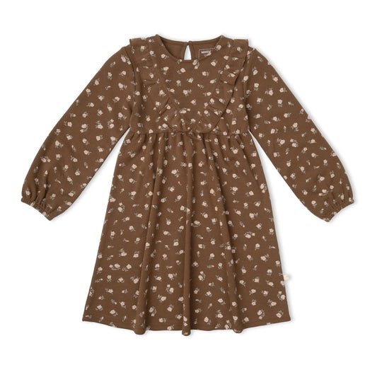 Makemake Organics Long Sleeve Ruffle V Dress in Primrose print