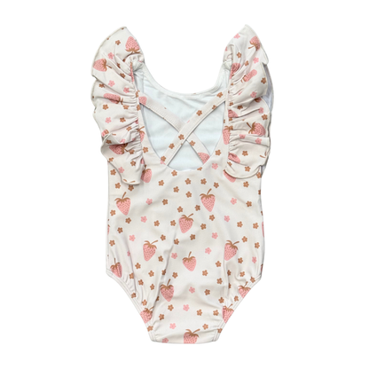 Strawberry Ruffle Sleeve Cross Back Swimsuit