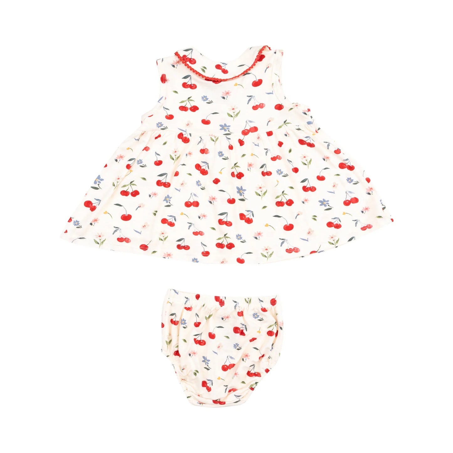 Back view of The Jill - Peter Pan Button Front Dress with Ric Rac Trim - Watercolor Cherries. Diaper cover is included for size 18-24M. 
