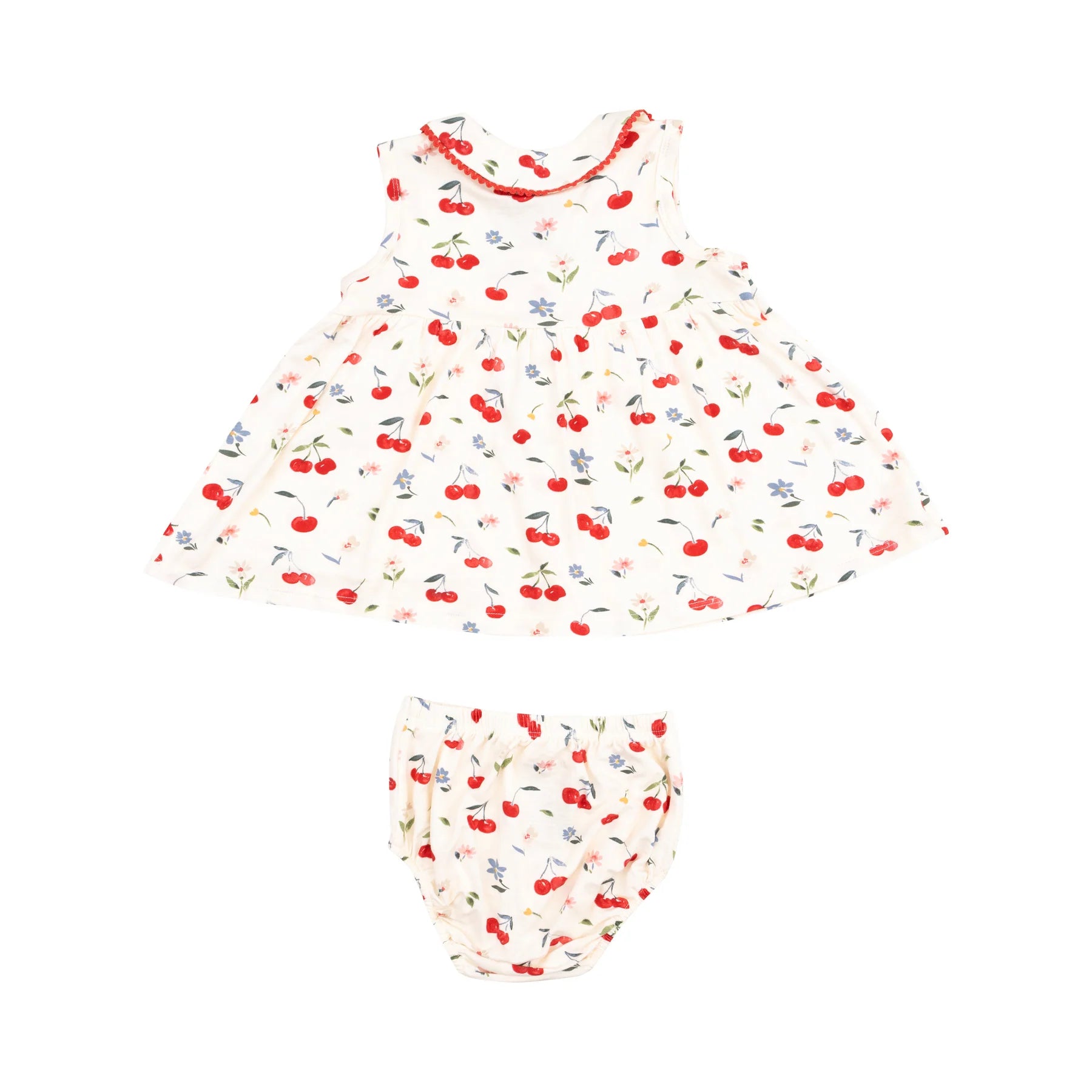 Back view of The Jill - Peter Pan Button Front Dress with Ric Rac Trim - Watercolor Cherries. Diaper cover is included for size 18-24M. 