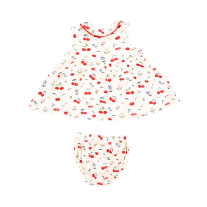 Back view of The Jill - Peter Pan Button Front Dress with Ric Rac Trim - Watercolor Cherries. Diaper cover is included for size 18-24M. 