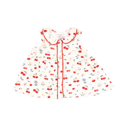 The Jill - Peter Pan Button Front Dress with Ric Rac Trim - Watercolor Cherries. Dress only for sizes 2T and up. 