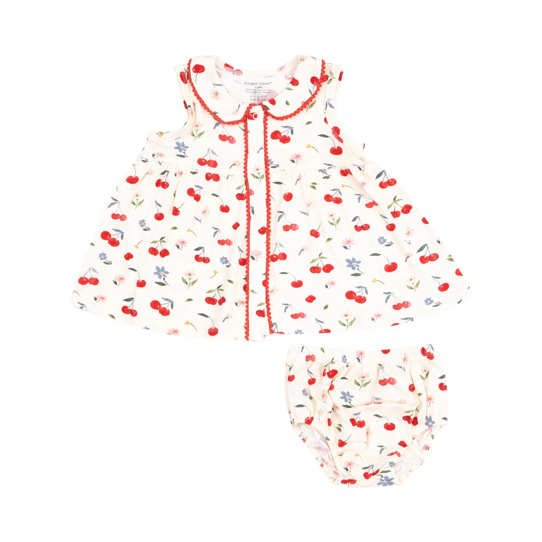 Front view of The Jill - Peter Pan Button Front Dress with Ric Rac Trim - Watercolor Cherries. Diaper cover is included for size 18-24M. Size 2T and up is dress only. 