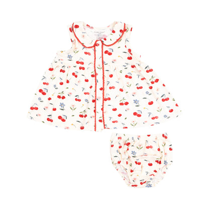 Front view of The Jill - Peter Pan Button Front Dress with Ric Rac Trim - Watercolor Cherries. Diaper cover is included for size 18-24M. Size 2T and up is dress only. 
