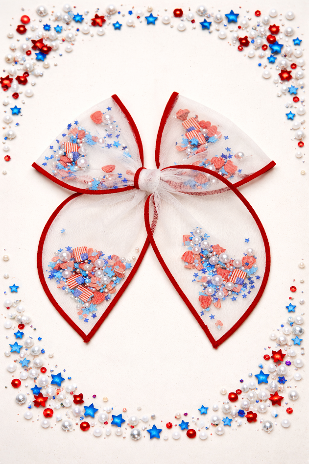 Mesh Shaker Bow - Confetti Hearts, Flags and Stars