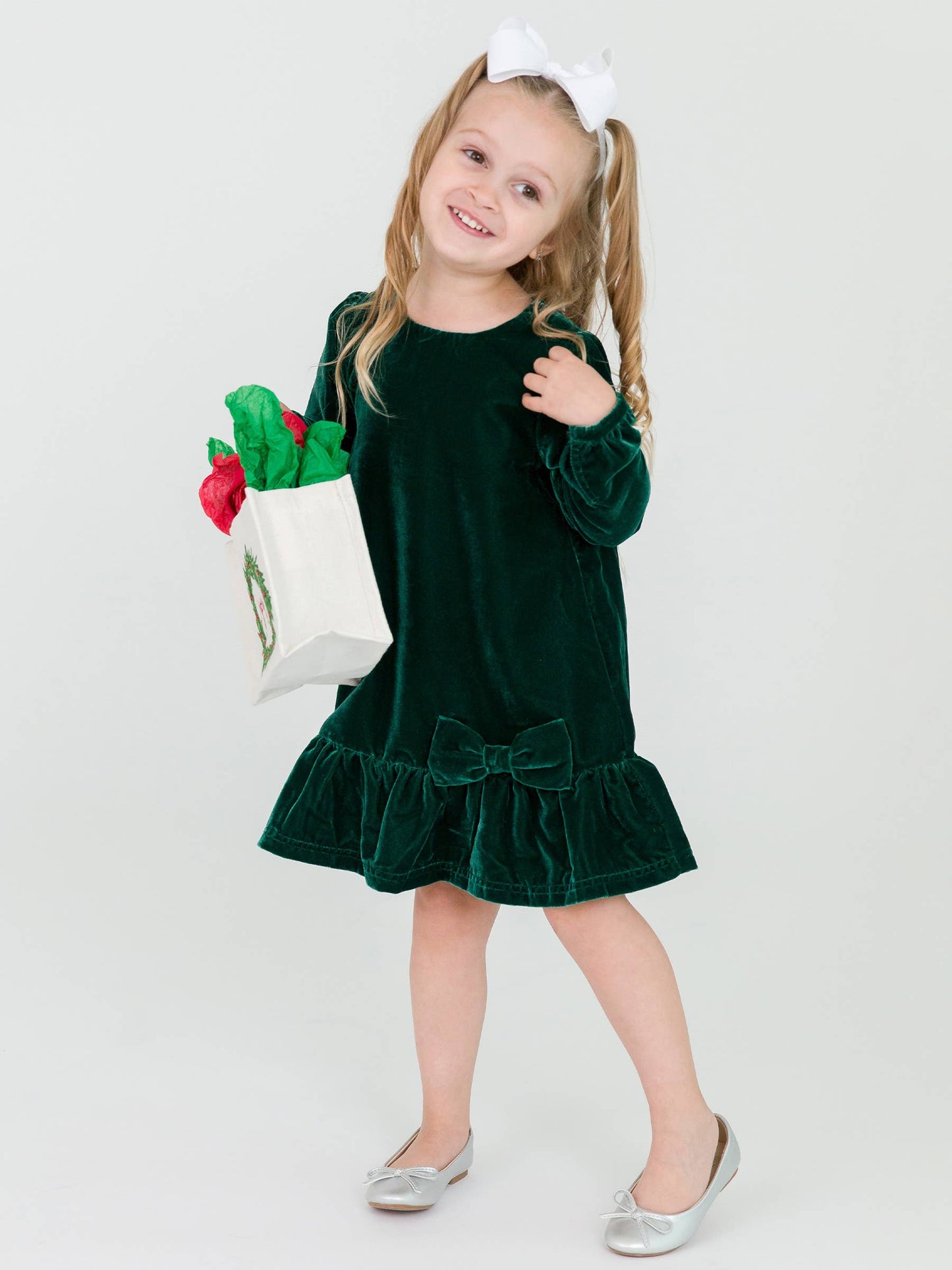 Girls Velvet Long Sleeve Drop Waist Dress