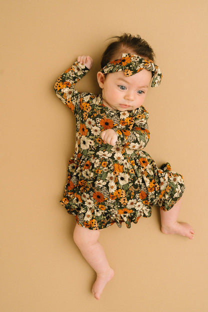 Baby in the Rustic Blooms long sleeve bodysuit bamboo dress