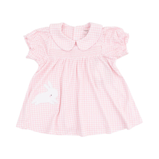 Classic Smocked Peter Pan Collar Dress with Bunny Appliqué and Diaper Cover - Mini Gingham Pink