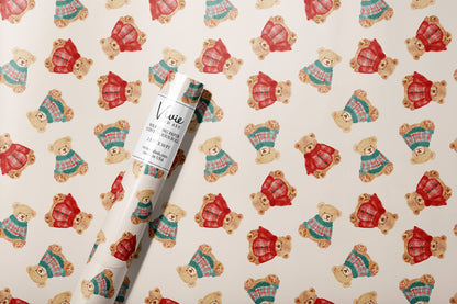 Watercolor Christmas Bear in Plaid Sweaters Wrapping Paper