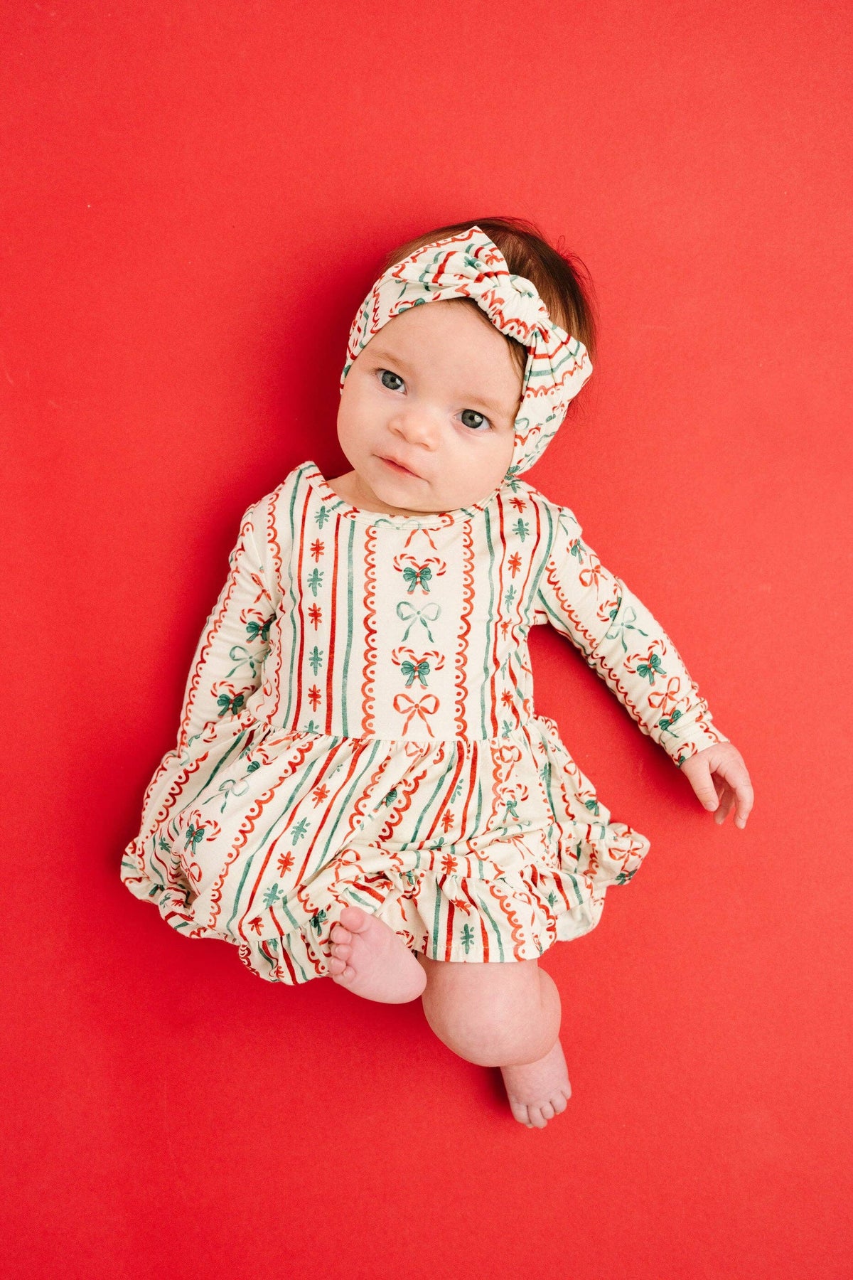 Baby in the Christmas Dainty Bow long sleeve bodysuit bamboo dress with matching headband