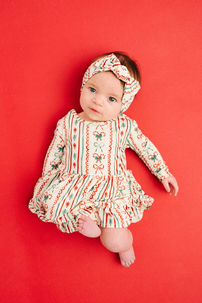 Baby in the Christmas Dainty Bow long sleeve bodysuit bamboo dress with matching headband