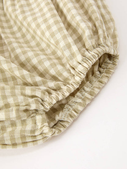 Gingham Baby Romper with Long Sleeve Puff Design