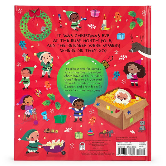 Back cover of the Cottage Door Press Christmas Jingle and Find book with the story of the missing reindeer