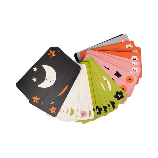 Halloween Old Maid cards fanned out showing moon, star and pumpkin artwork