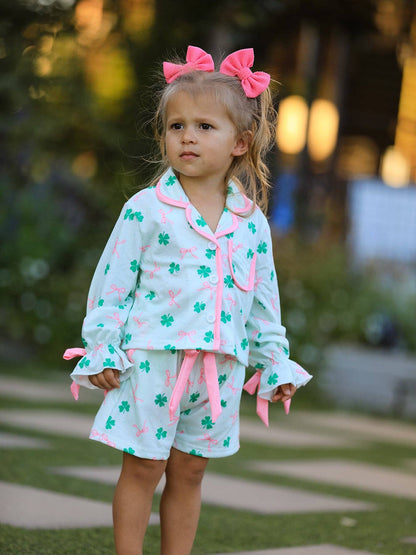St. Patrick's Day Bow Shamrock Ruffles Pajama Set