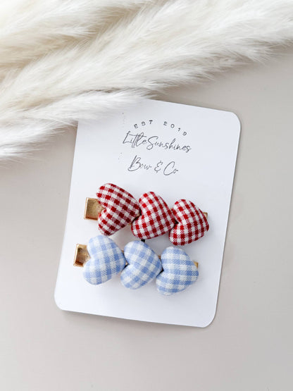4th of July Plaid Hearts Hair Clips