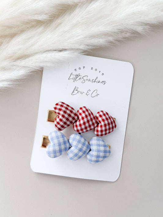 4th of July Plaid Hearts Hair Clips