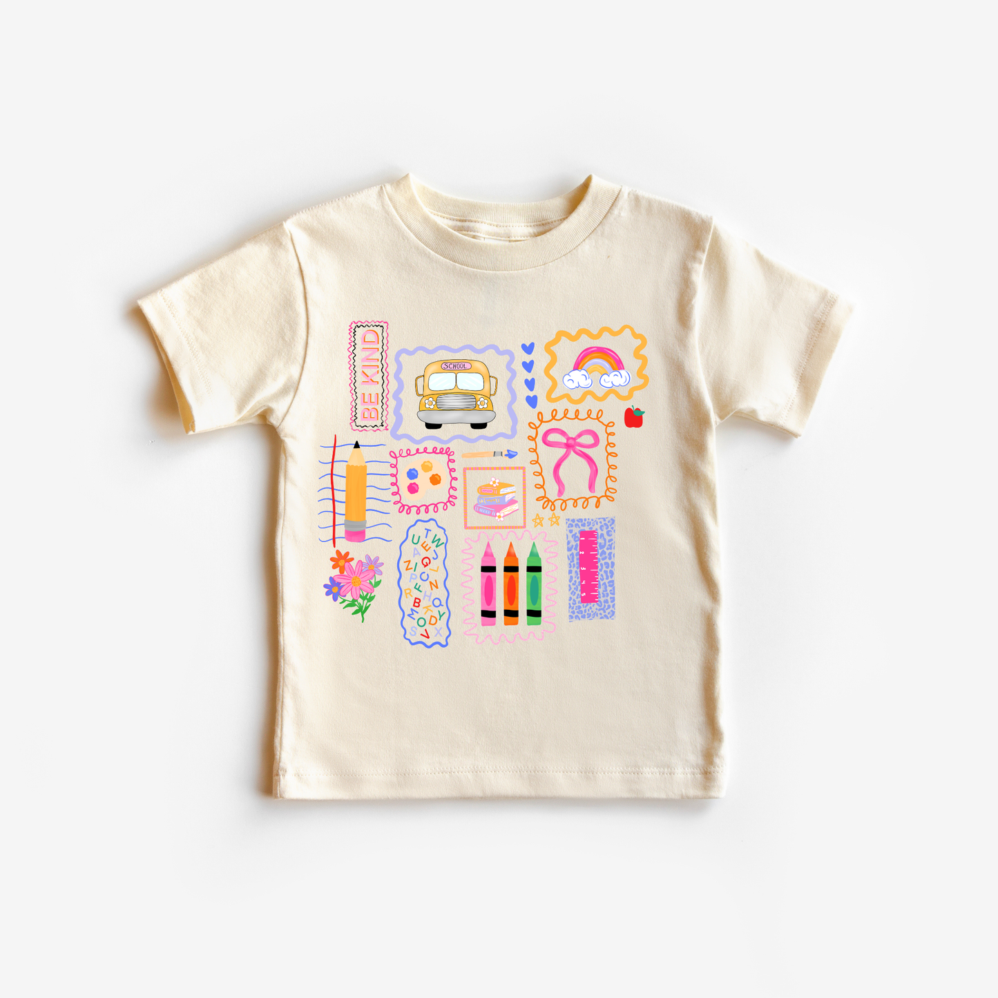 Beige t-shirt with colorful graphics on a white background