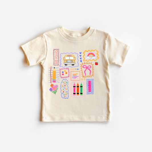 Beige t-shirt with colorful graphics on a white background