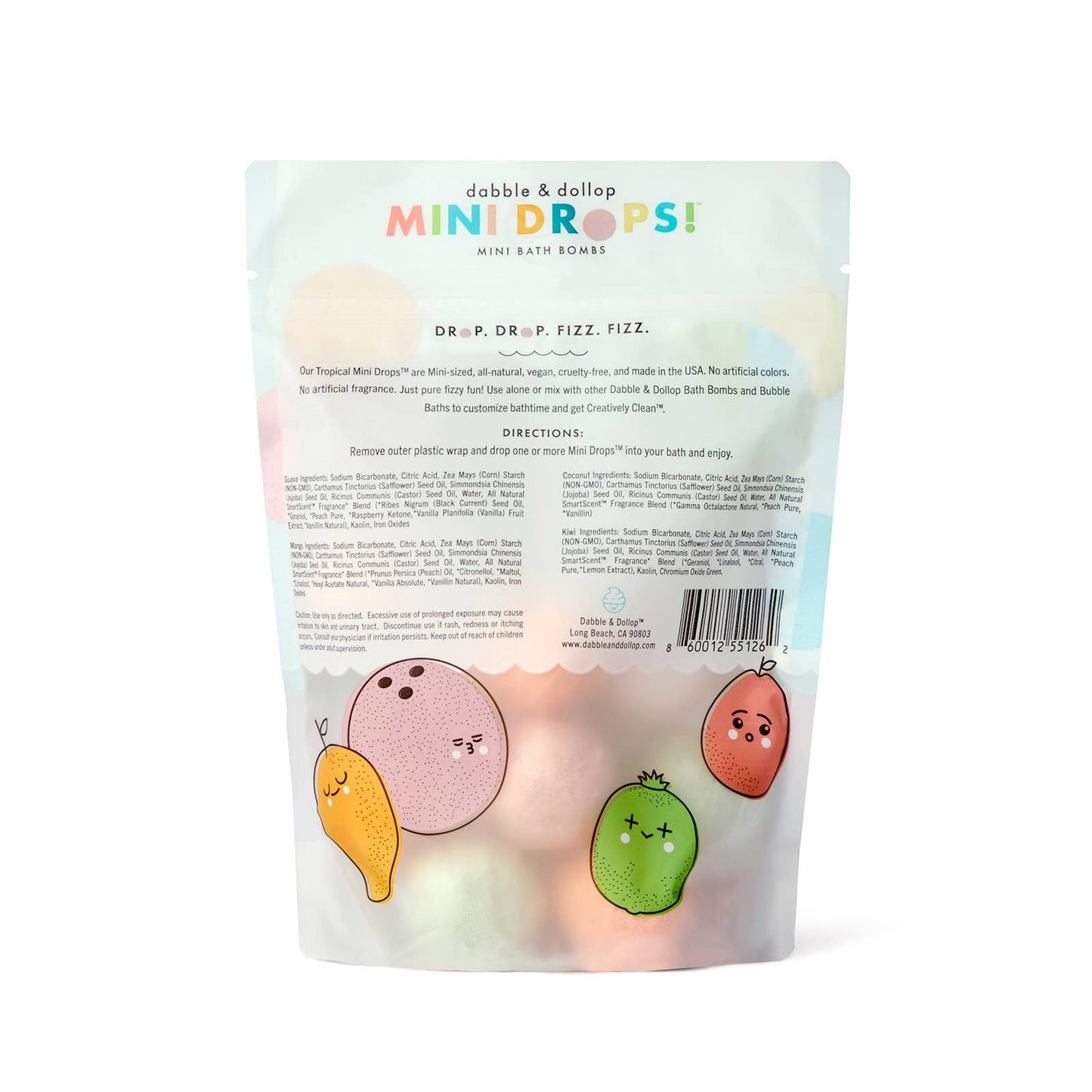 Back view of a packaging for 'Mini Drops' bath bombs with colorful illustrations on a white background.