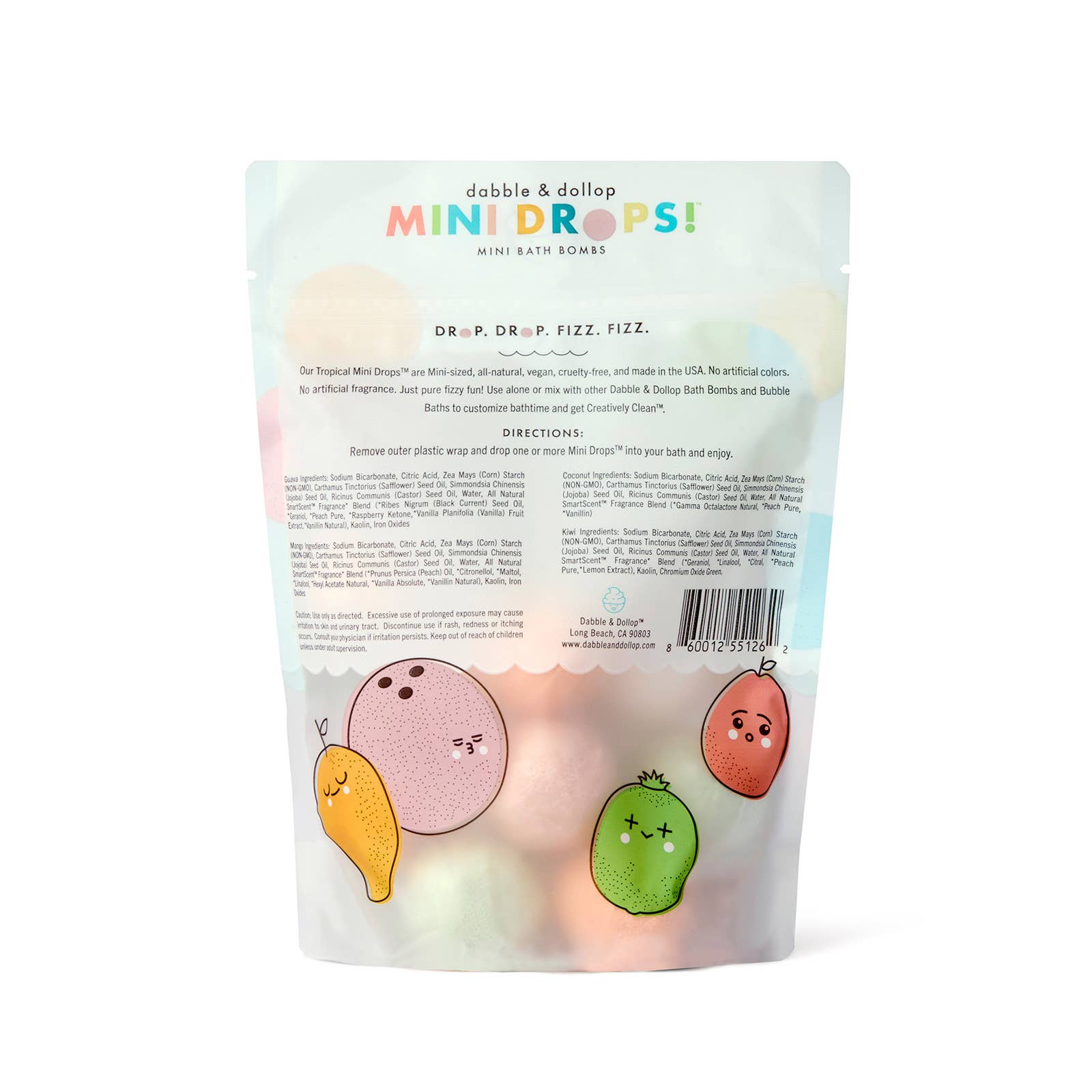 Back view of a packaging for 'Mini Drops' bath bombs with colorful illustrations on a white background.