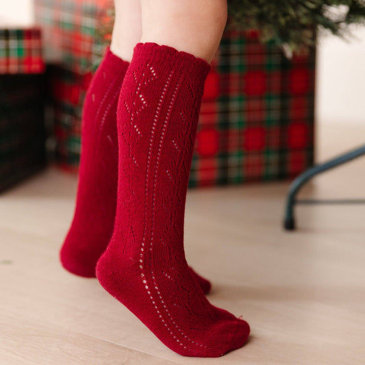 Scalloped Fancy Knee High Socks - Crimson Red
