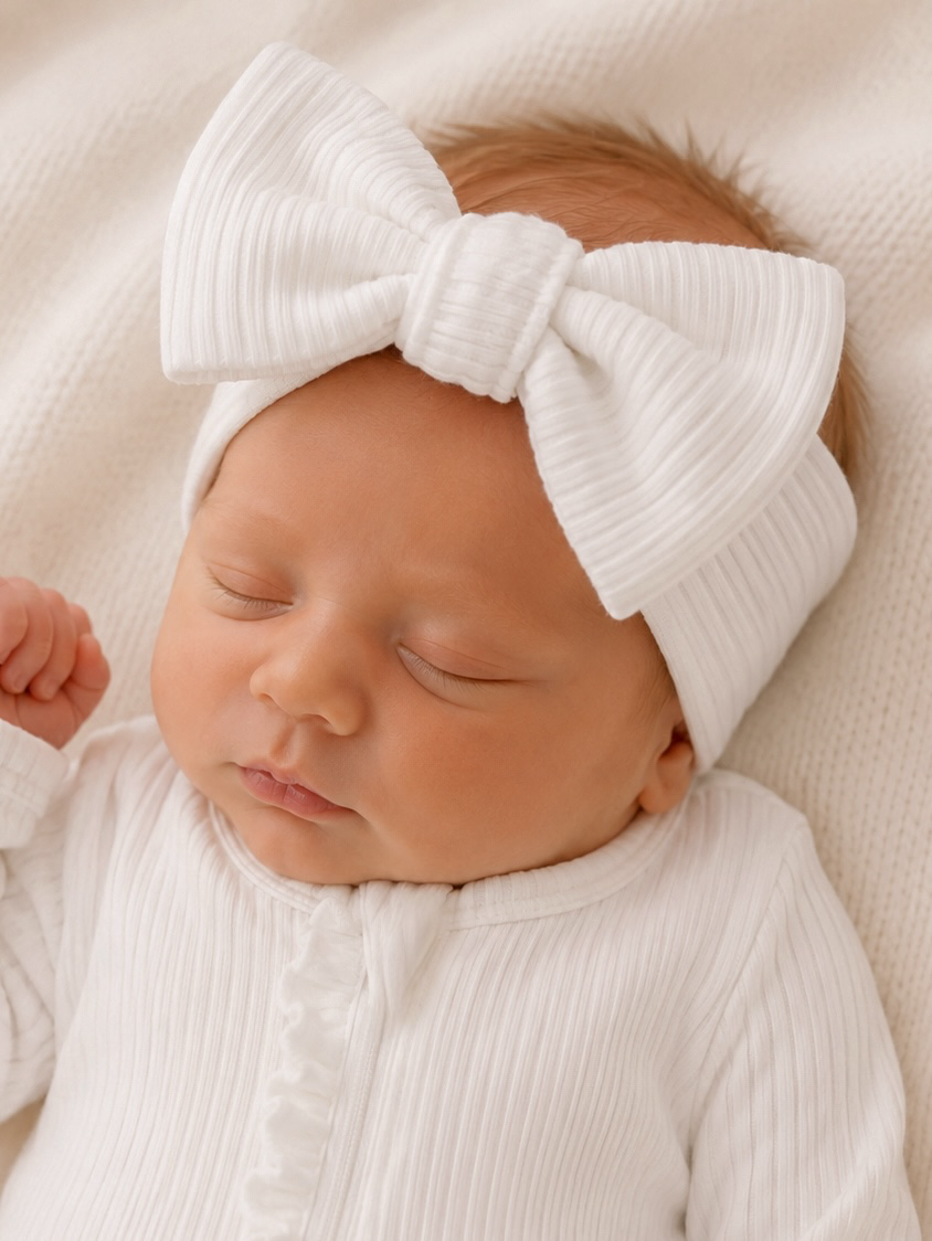 Newborn wearing the white ribbed bow headband