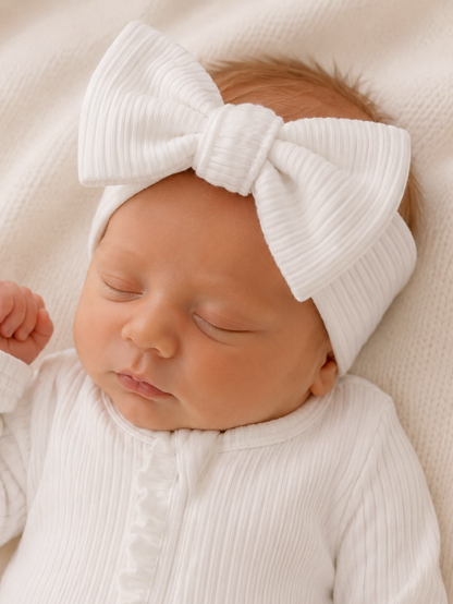 Newborn wearing the white ribbed bow headband