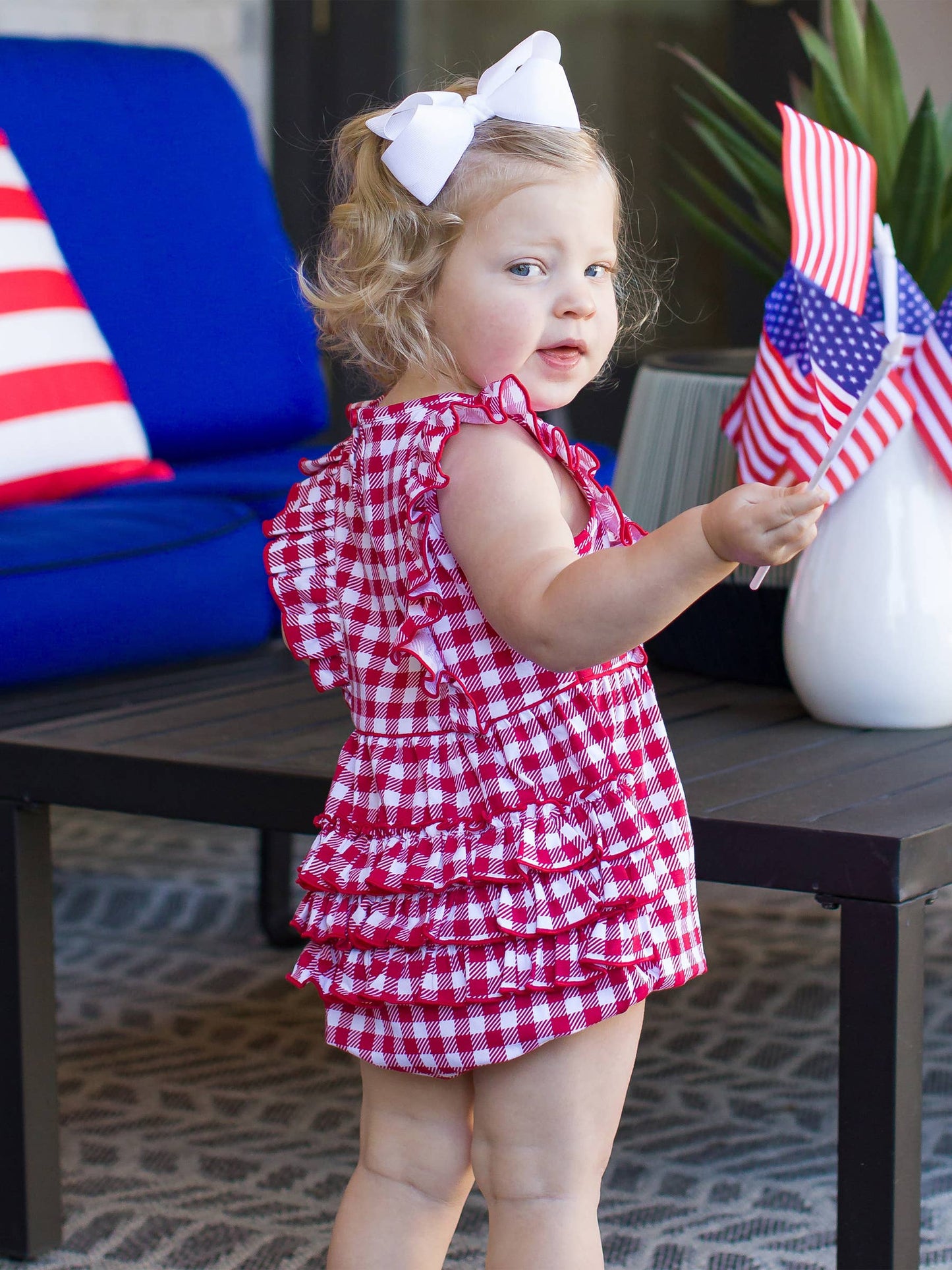 Baby Girls Red Gingham Knit Sleeveless Waterfall Romper